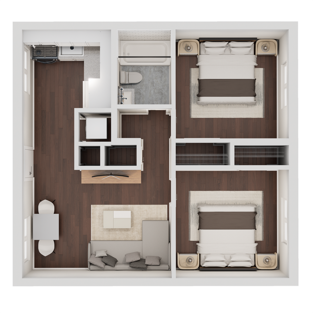 A 3D image of the A floorplan, a 750 squarefoot, 2 bed / 1 bath unit