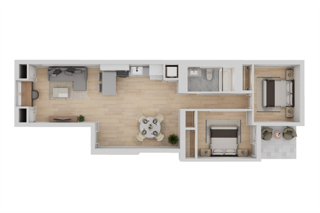 A 3D image of the A1 floorplan, a 1100 squarefoot, 2 bed / 1 bath unit