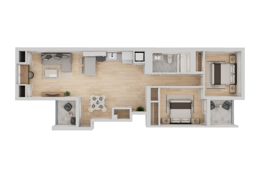 A 3D image of the A2 floorplan, a 1100 squarefoot, 2 bed / 1 bath unit
