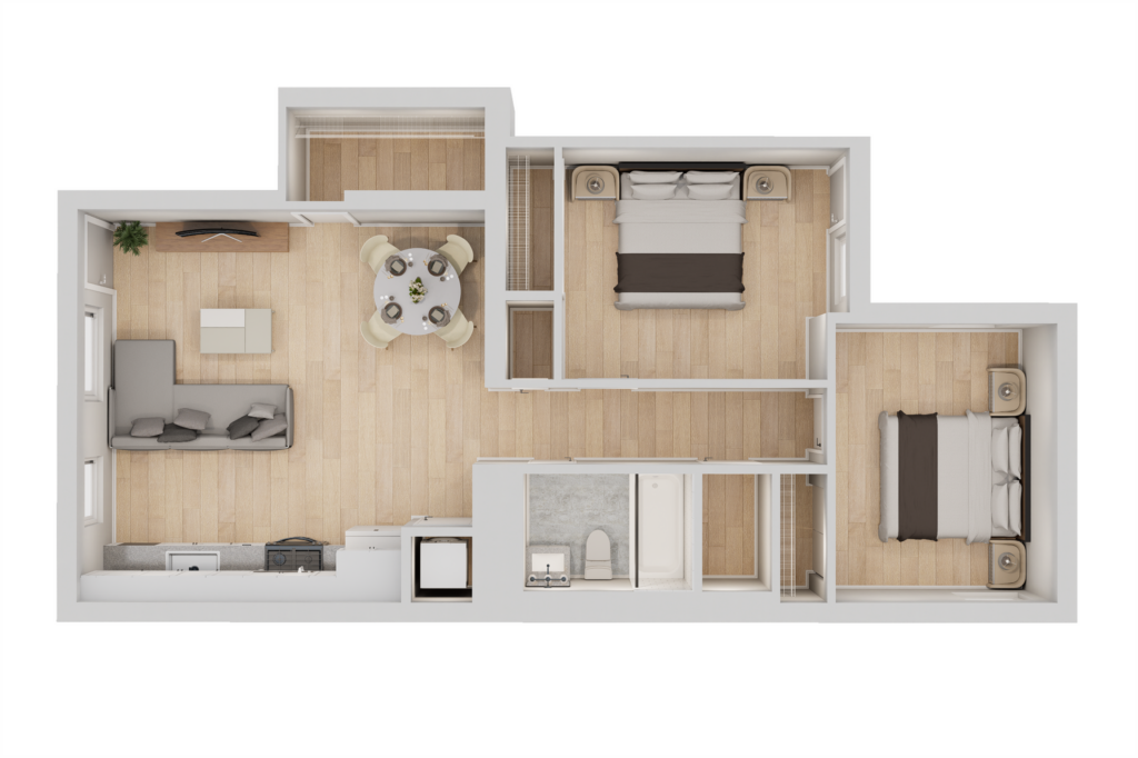 A 3D image of the B1 floorplan, a 850 squarefoot, 2 bed / 1 bath unit