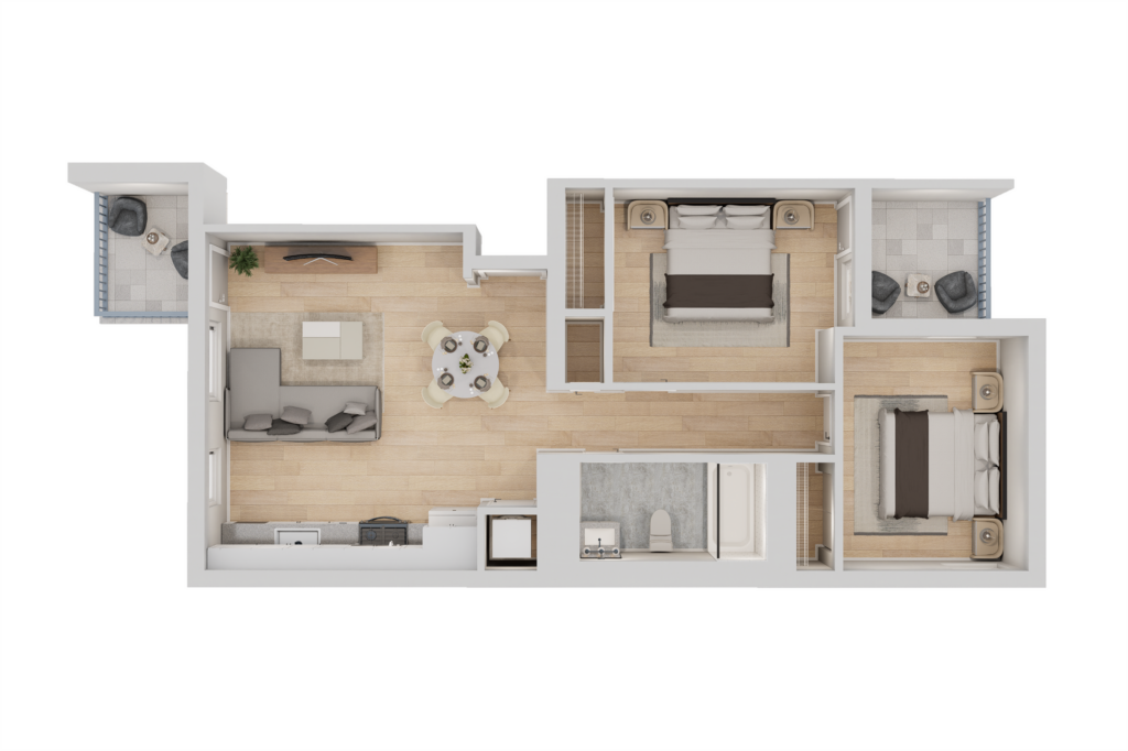 A 3D image of the B2 floorplan, a 850 squarefoot, 2 bed / 1 bath unit
