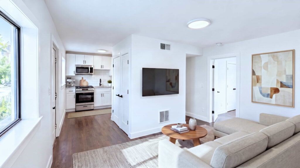 A 3D image of the A floorplan, a 750 squarefoot, 2 bed / 1 bath unit