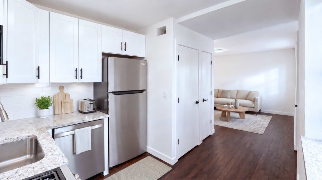 A 3D image of the A floorplan, a 750 squarefoot, 2 bed / 1 bath unit