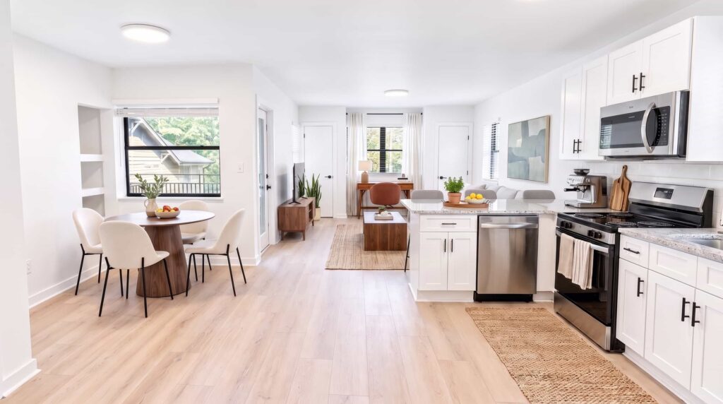 A 3D image of the A2 floorplan, a 1100 squarefoot, 2 bed / 1 bath unit