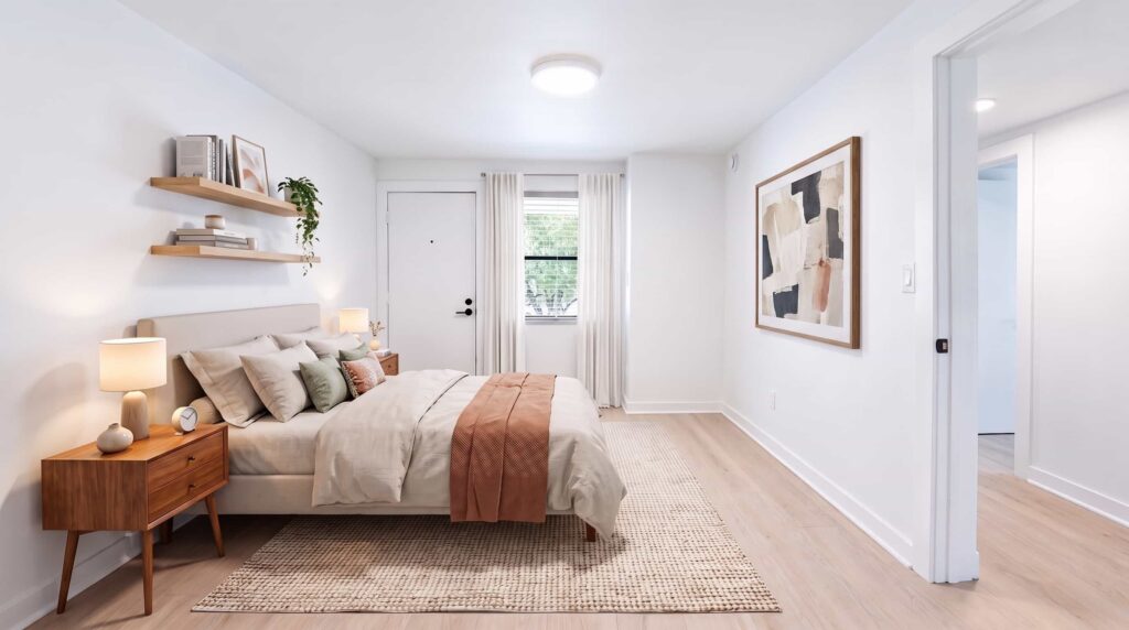 A 3D image of the B1 floorplan, a 850 squarefoot, 2 bed / 1 bath unit