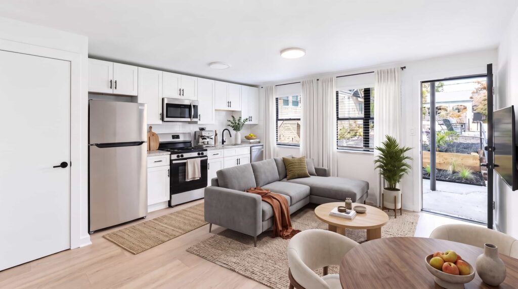 A 3D image of the B1 floorplan, a 850 squarefoot, 2 bed / 1 bath unit