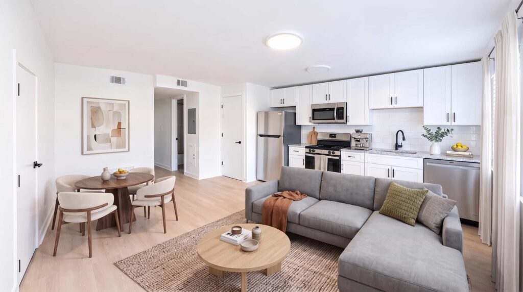 A 3D image of the B1 floorplan, a 850 squarefoot, 2 bed / 1 bath unit