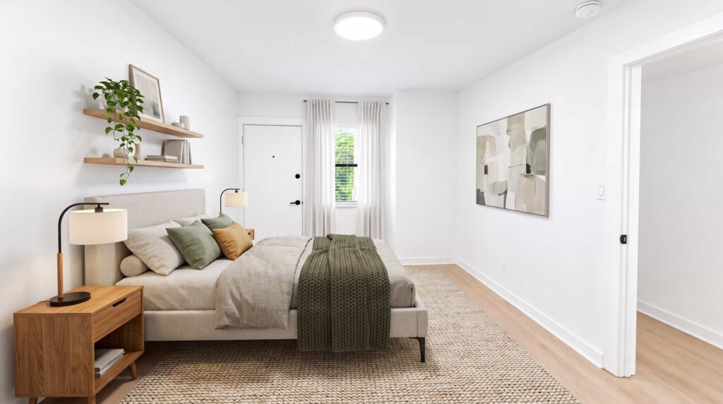 A 3D image of the B2 floorplan, a 850 squarefoot, 2 bed / 1 bath unit