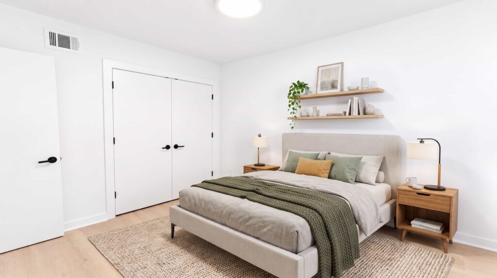 A 3D image of the B2 floorplan, a 850 squarefoot, 2 bed / 1 bath unit
